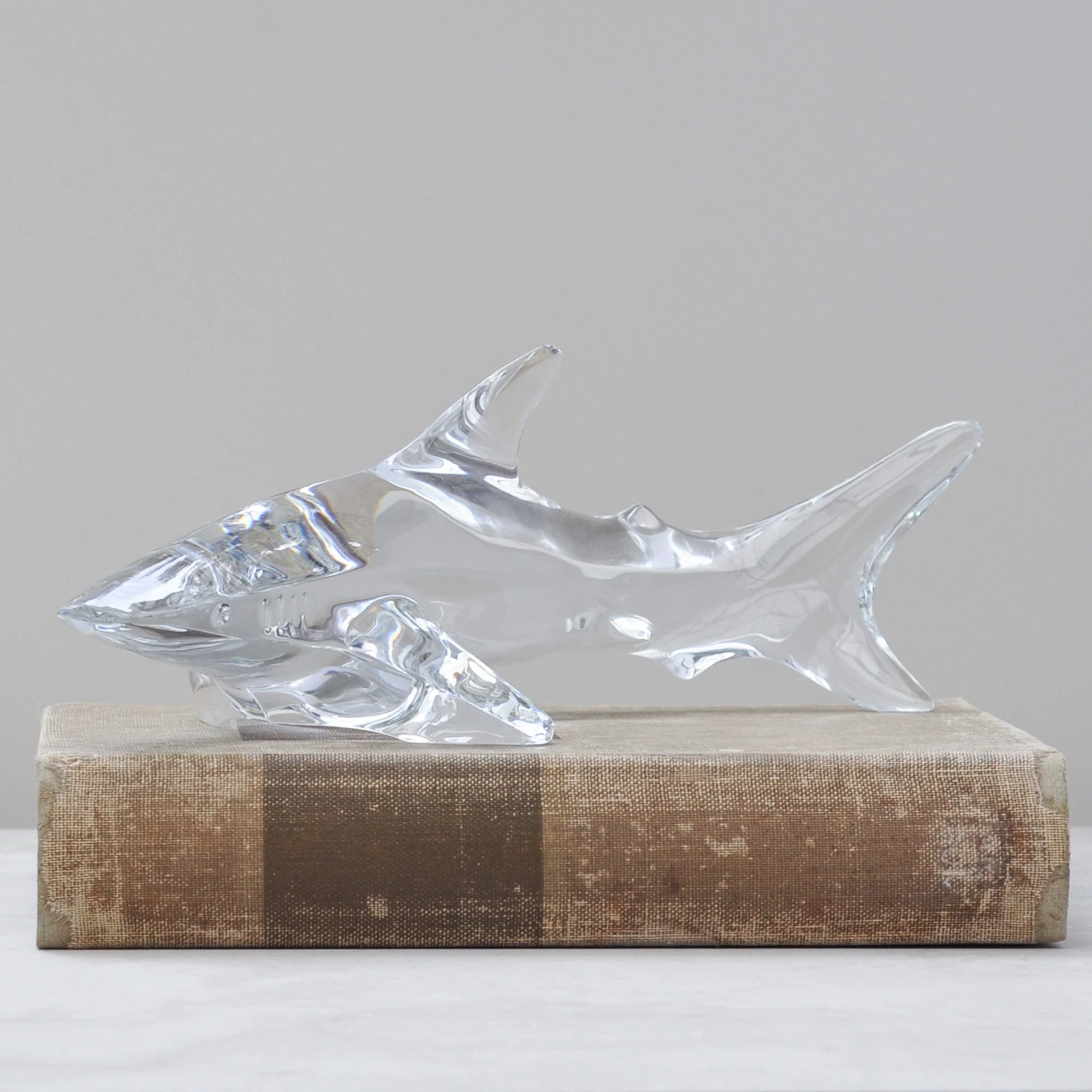 Baccarat crystal shark sculpture close view highlighting form, clarity, and sculptural detail