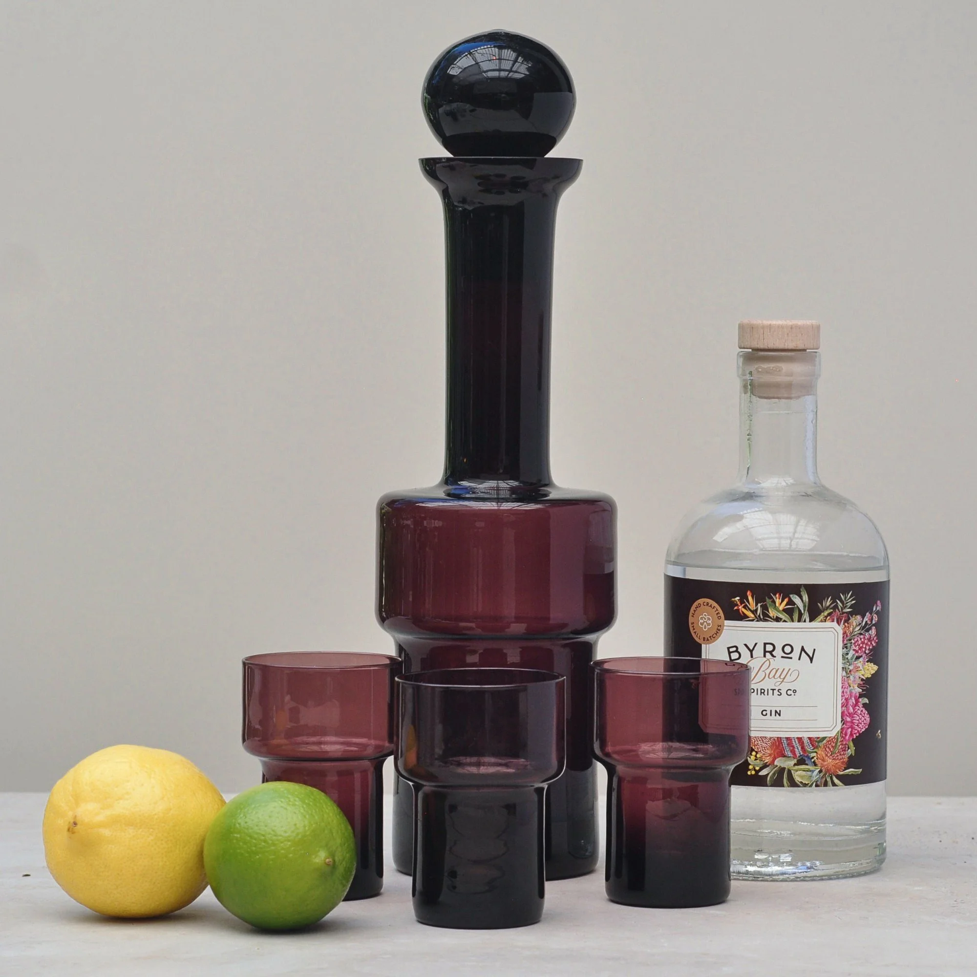 Mid-century Polish Aubergine Decanter and Glass Set