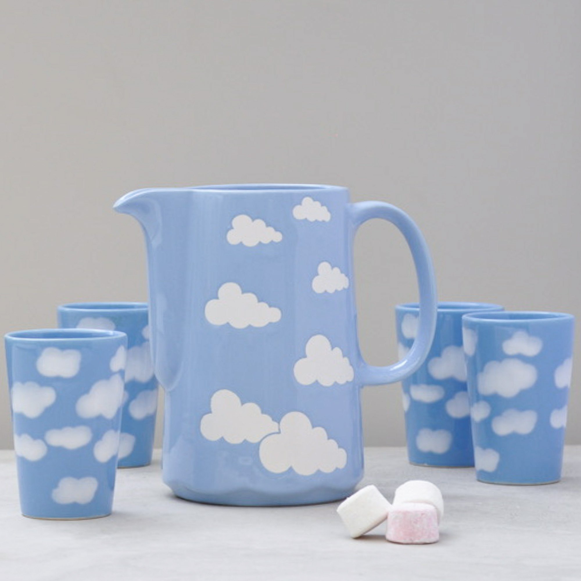 Totally Delicious Vintage Waechtersbach Blue Cloud Jug and Cups, West Germany