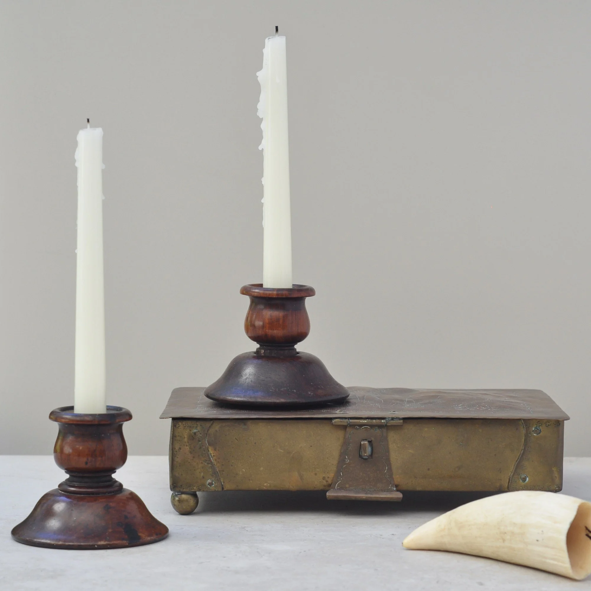 Antique Turned Wood Candlesticks with Copper Inlay