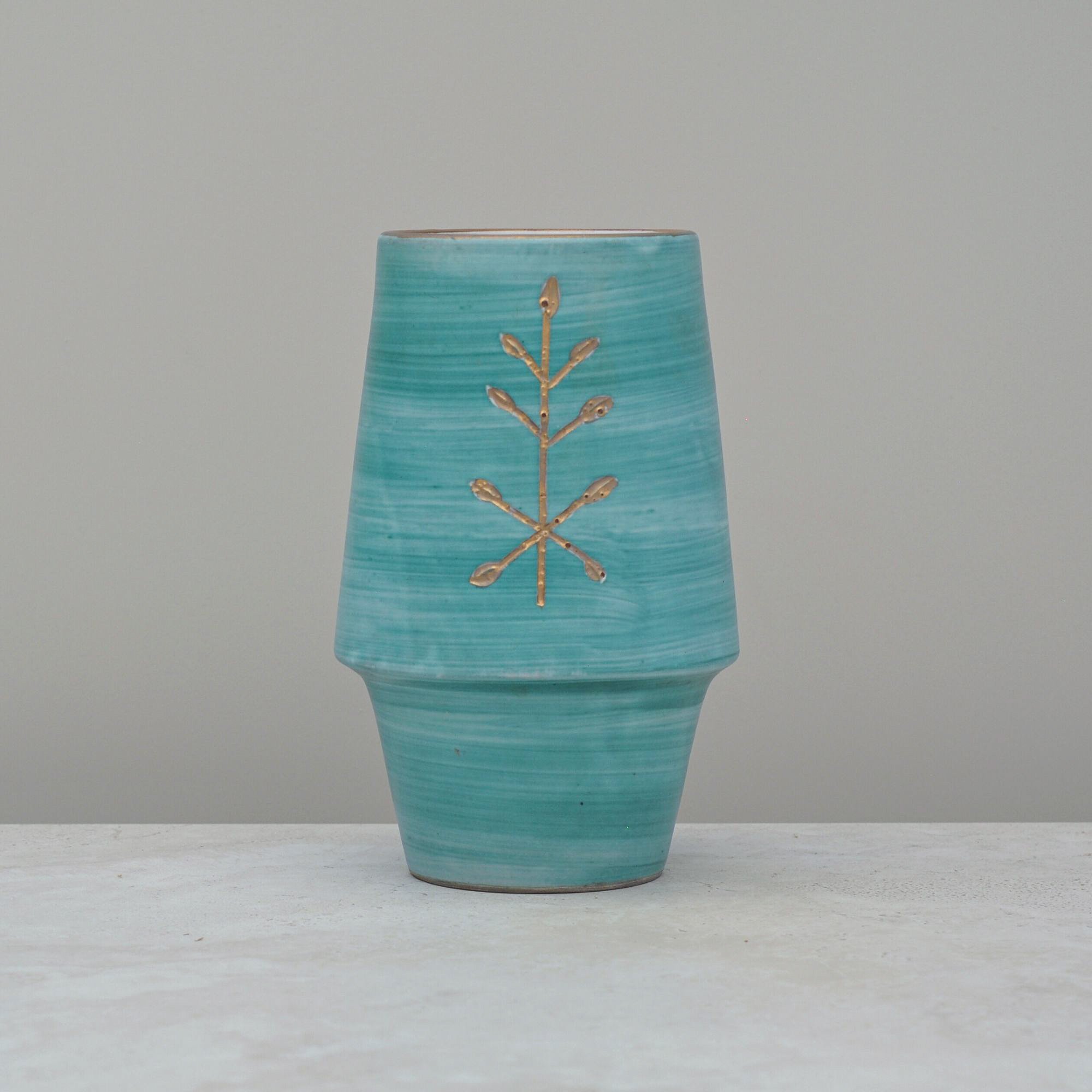 Back view of the mid-century aqua green Italian vase showing a gold hand-painted botanical design.