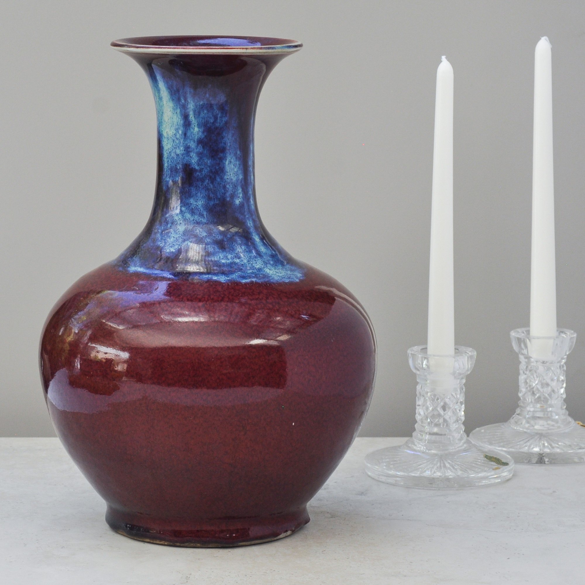 Vividly Noteworthy  Chinese Sang-de-Boeuf Flambé Vase in Oxblood and Blue