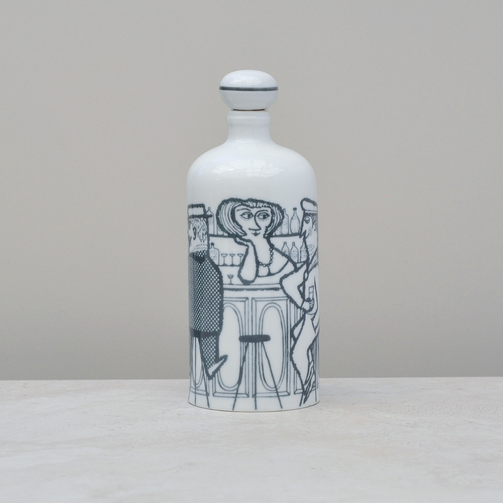 Mid-century Altenkunststadt German porcelain decanter with bar scene illustration