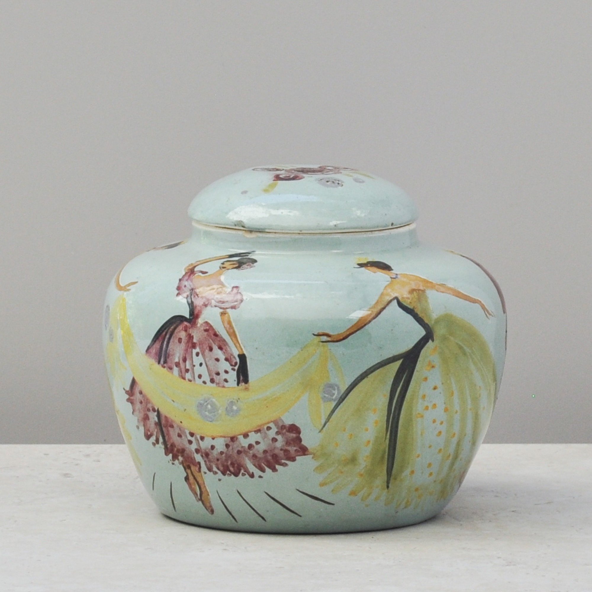 Detail of hand painted dancers Martin Boyd lidded bowl 1949 Australian pottery