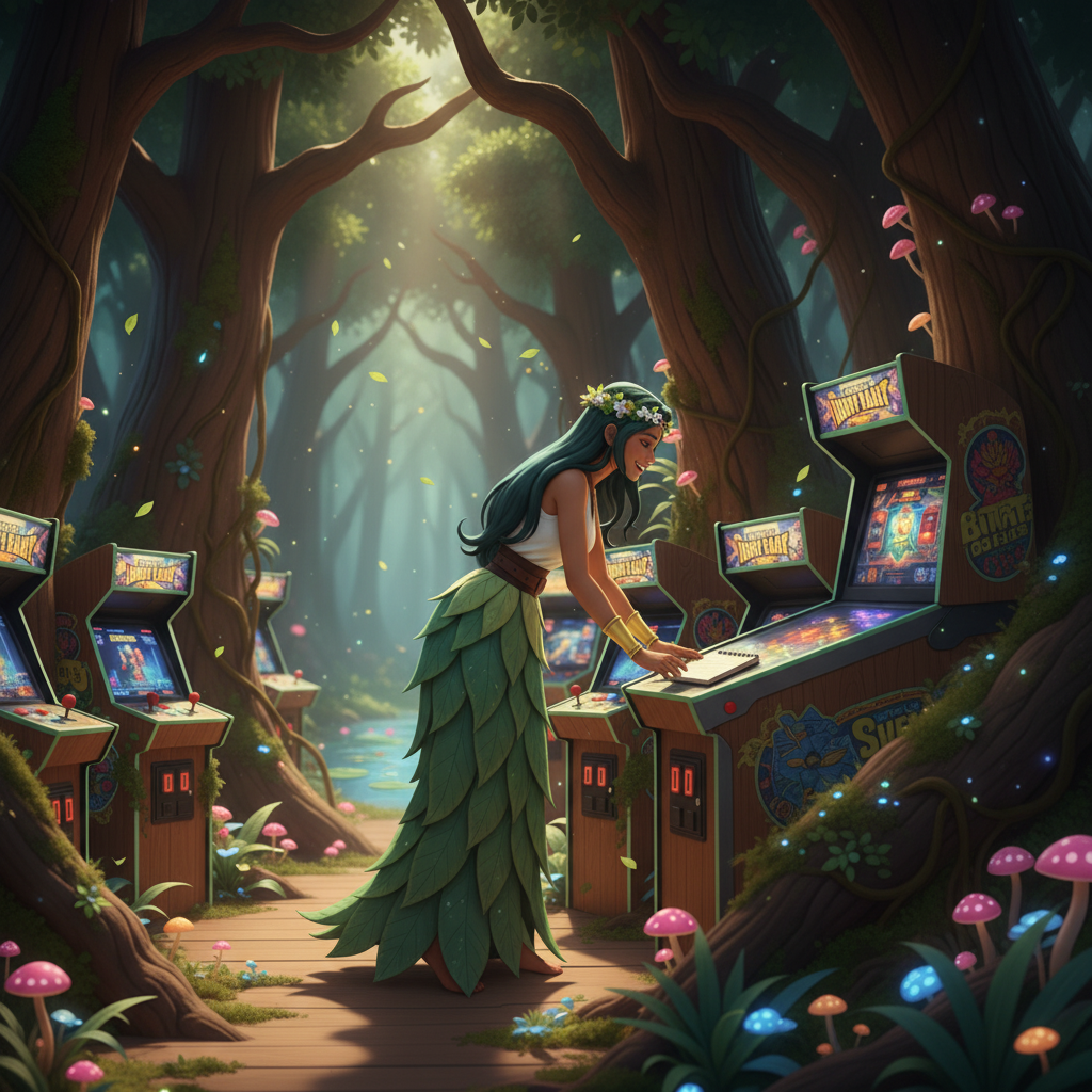 A woman with long dark hair, dressed in a leafy green skirt and floral headband, playing arcade games in a forest with tall trees, mushrooms, and glowing plants.