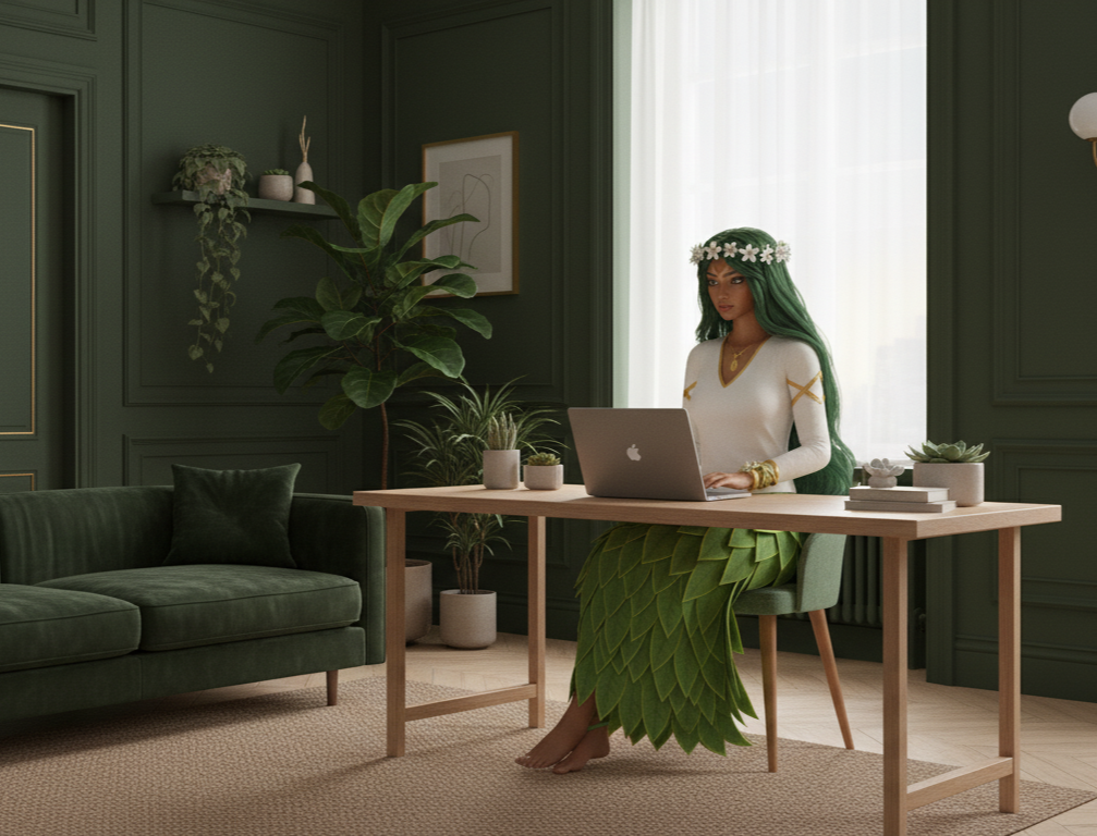 A woman dressed as a nature fairy with green hair, floral crown, and a scale-like green skirt, sitting at a wooden desk with a laptop in a green-paneled room with plants and decor.
