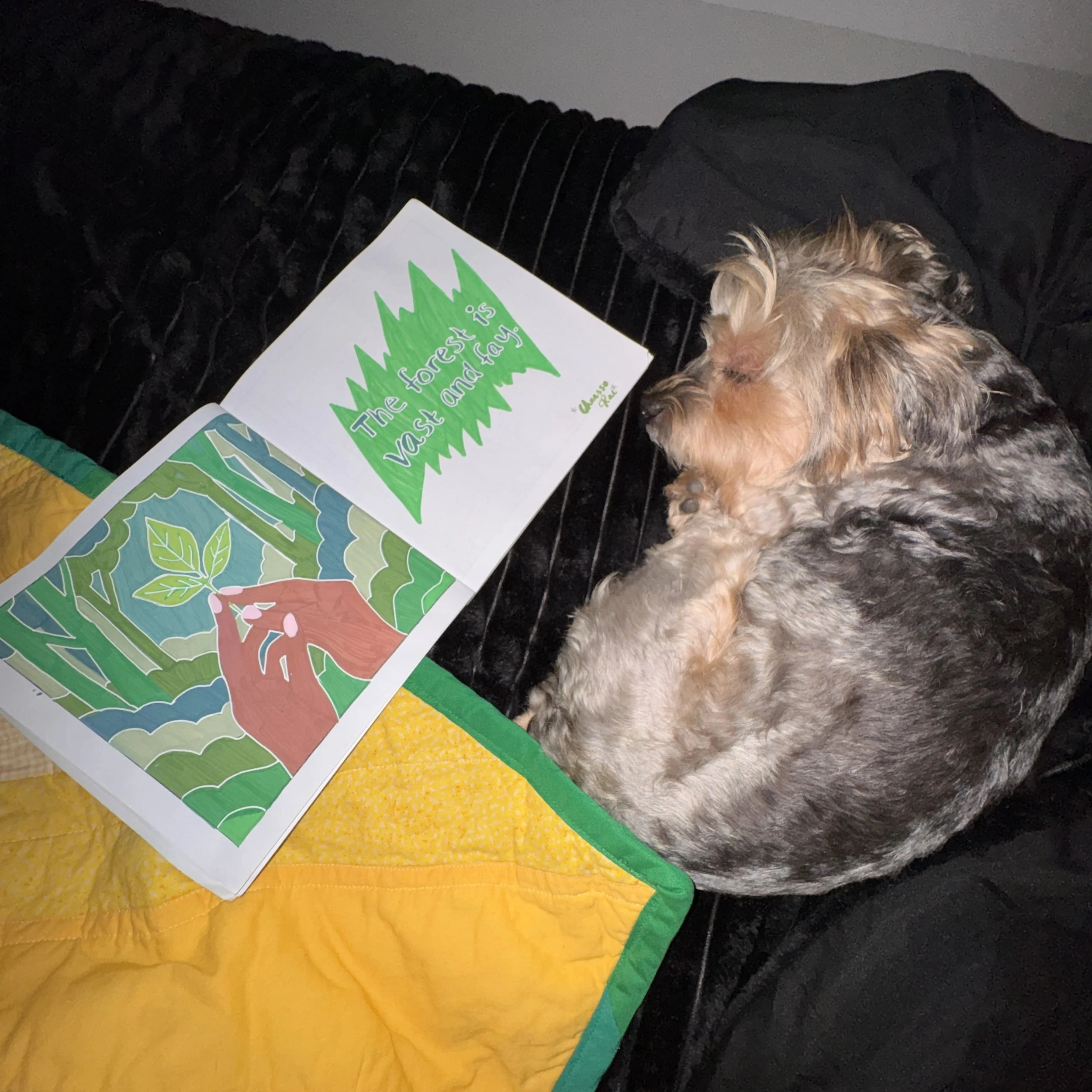 My Dog lays next to finished page