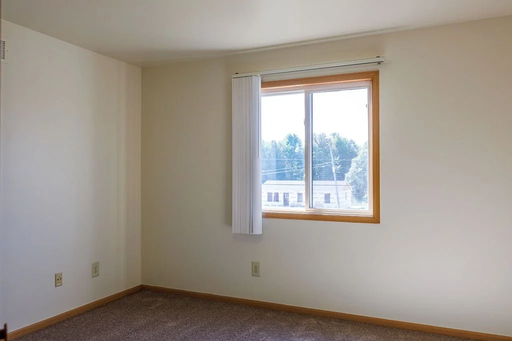 Empty room with a window, beige walls, brown carpet, and striped vertical blinds.