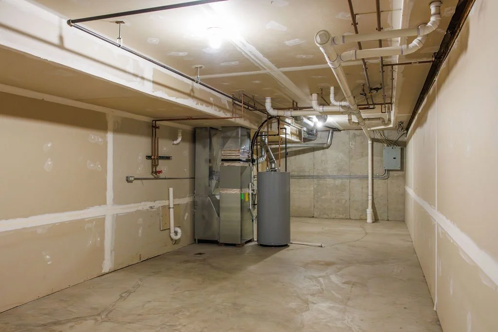 Empty basement with drywall and visible plumbing pipes, furnace, and water heater.