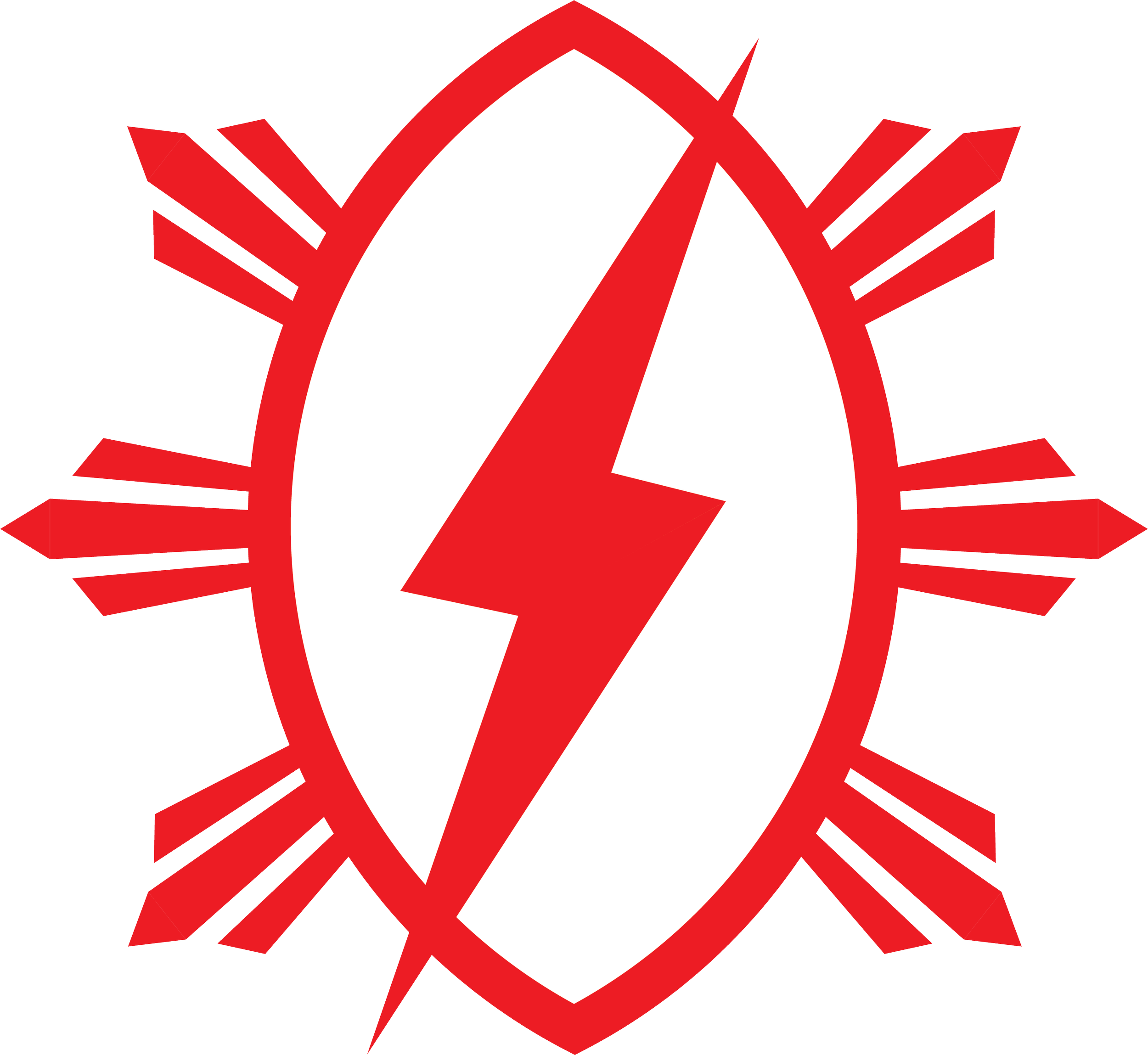 Red and white oval shape with a red lightning bolt in the center, surrounded by red lines radiating outward on a black background.