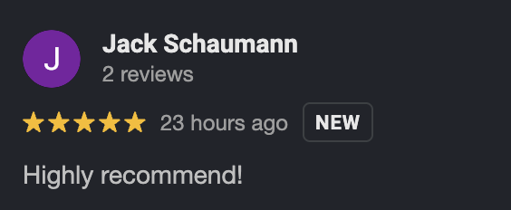 Screenshot of a review from Jack Schaumann showing a 5-star rating and the message 'Highly recommend!'