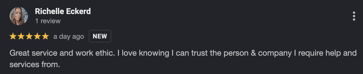Screenshot of a Google review by Richelle Eckerd praising a service provider, with five-star rating, review timestamp, and a brief positive comment.