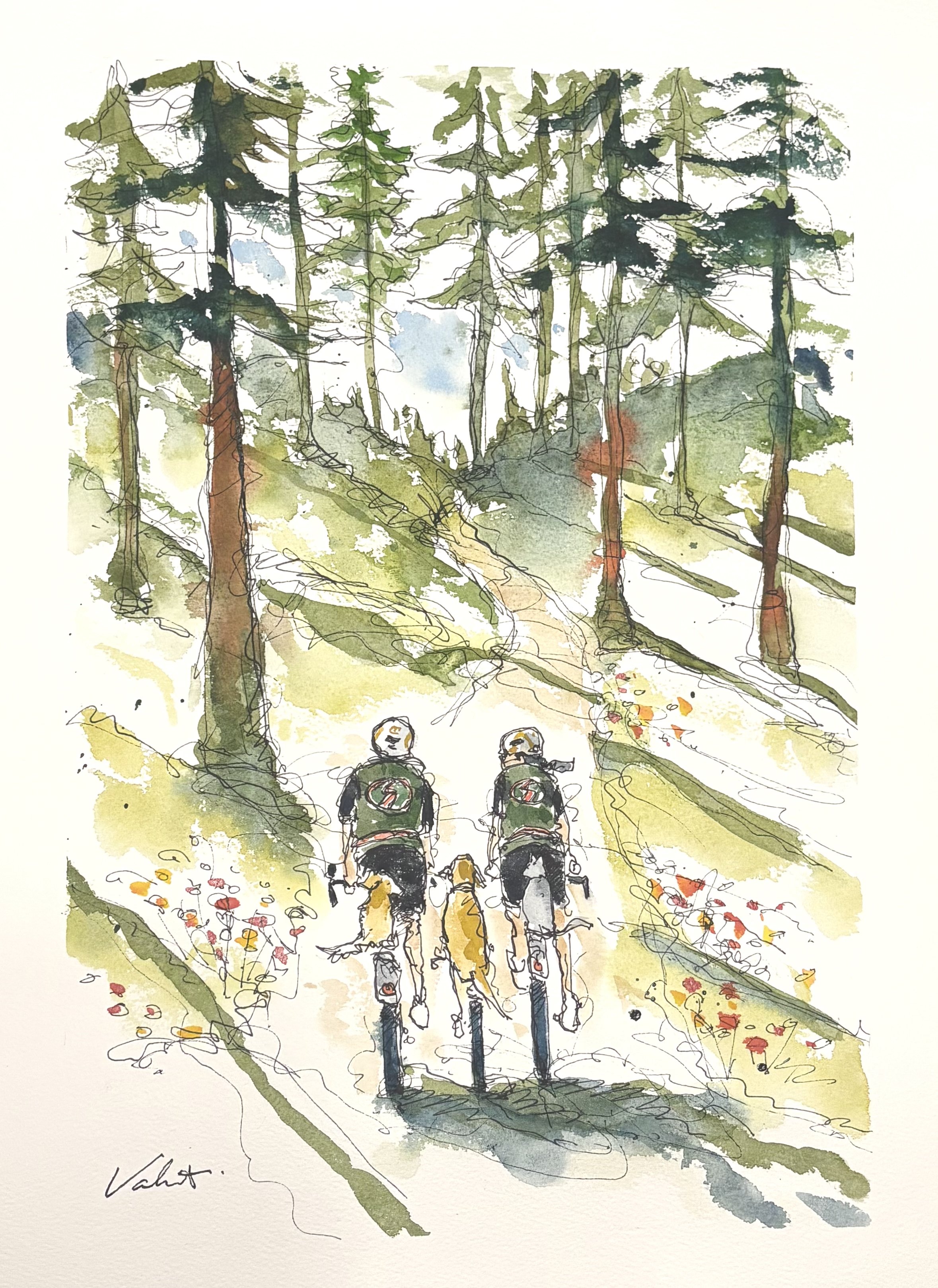A watercolor painting of two bikers with backpacks riding along a forest trail surrounded by tall trees and colorful flowers.