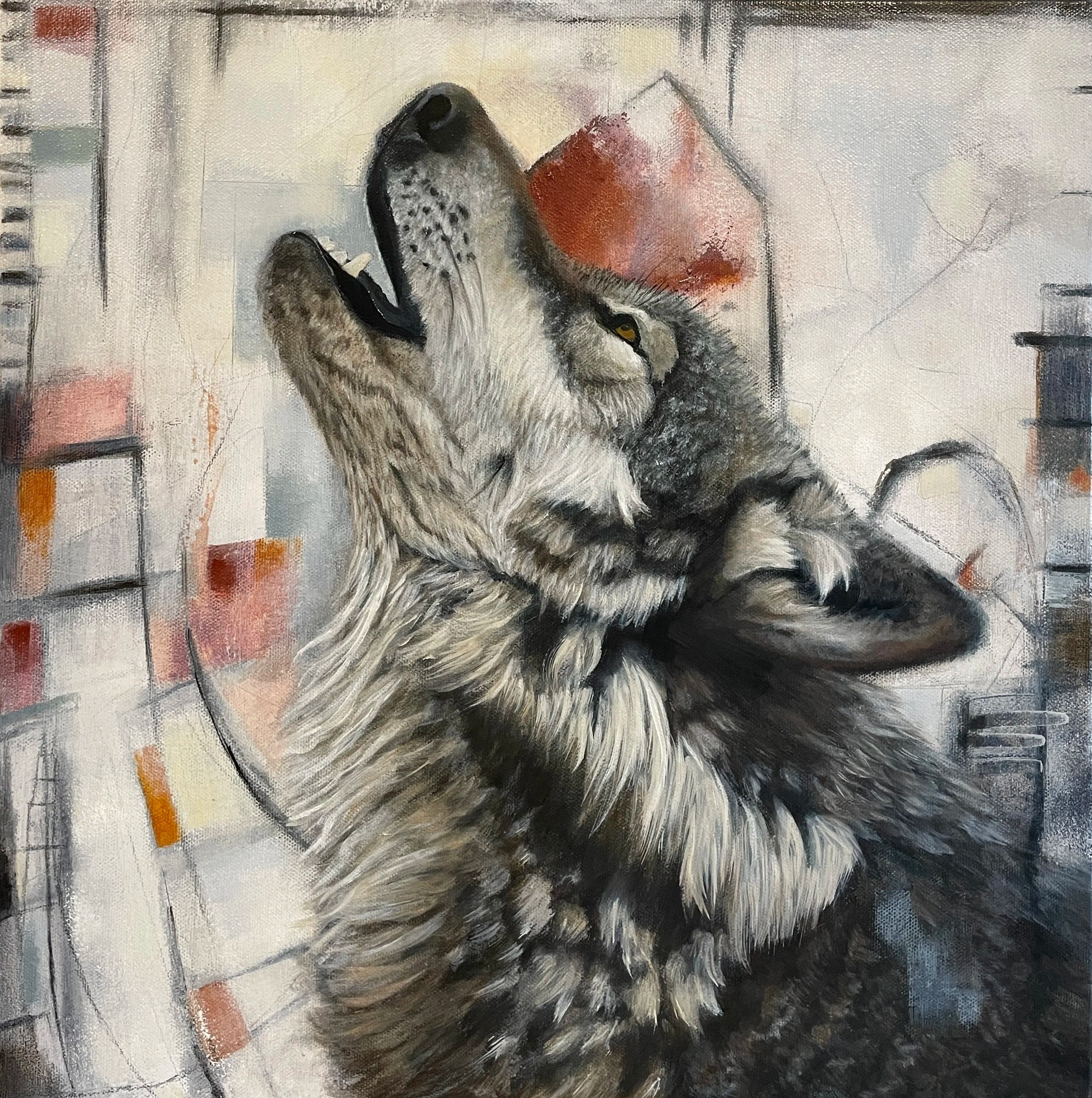 A painting of a wolf howling, with it head tilted back and mouth open, against a background with abstract geometric shapes and muted colors.