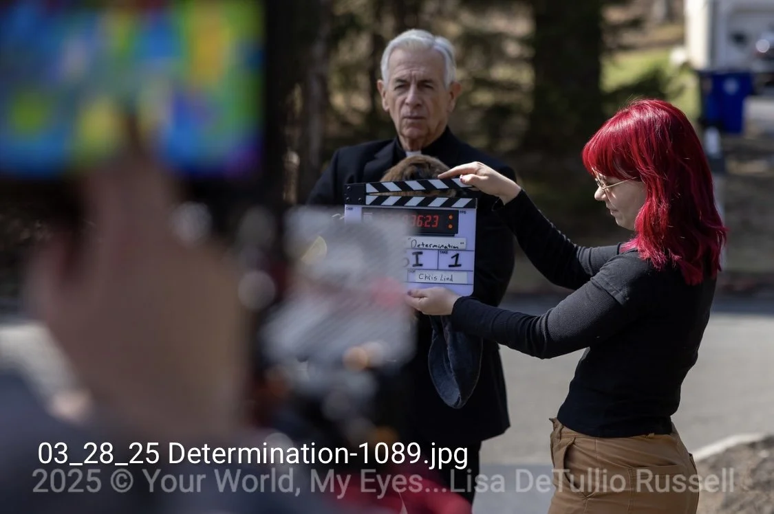 SIT WITH ME WHILE I DIE (2025) Director: Brian Russell / Camera Assistant: Paola Michaela 
Paola working as slate operator with actor James Naughton. Photo credits: Lisa Detullio Russell