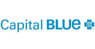 Logo of Capital Blue with blue text and a blue square icon depicting a cross and a circle