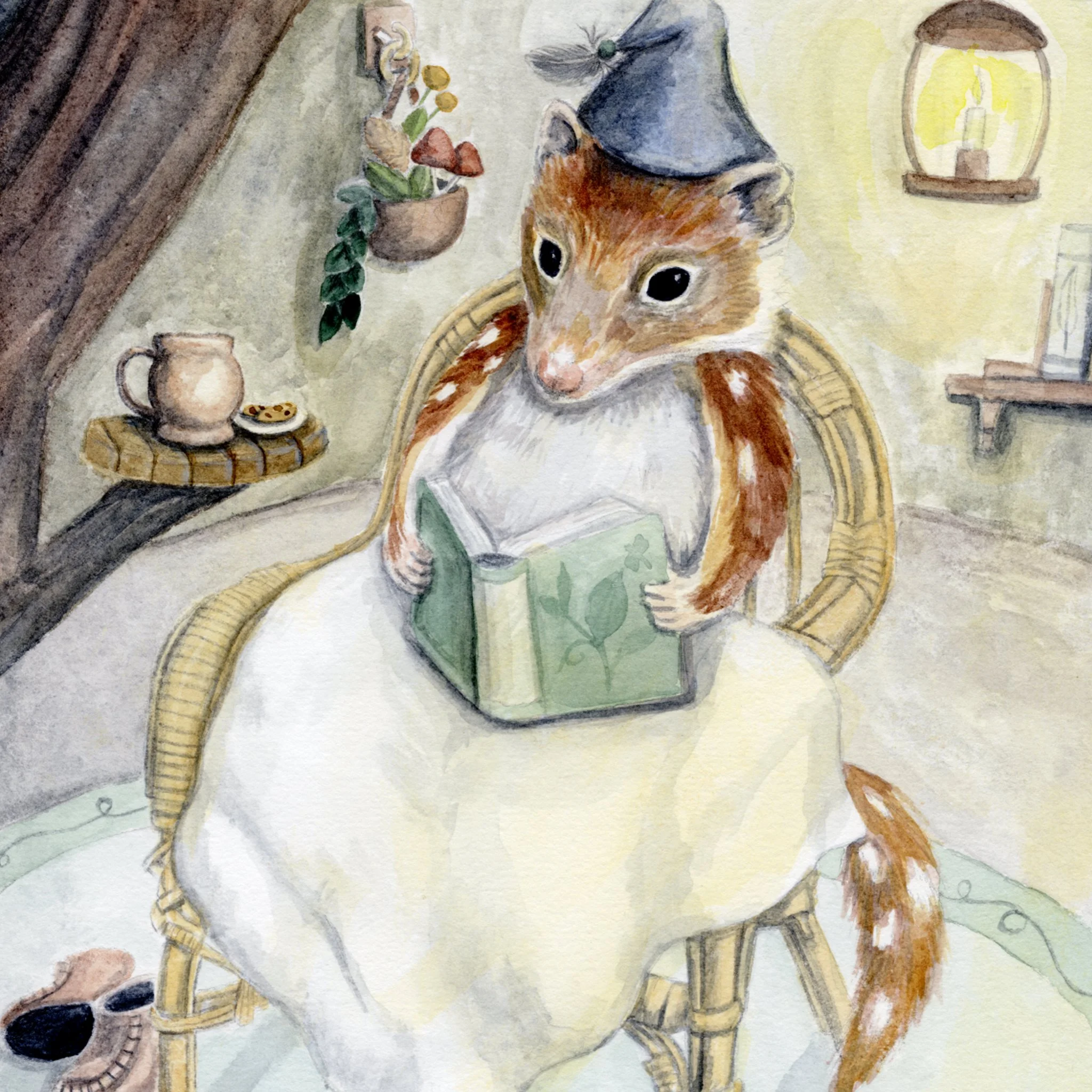 Watercolour painting of Spotted-tailed Quoll Reading with Slippers on the ground