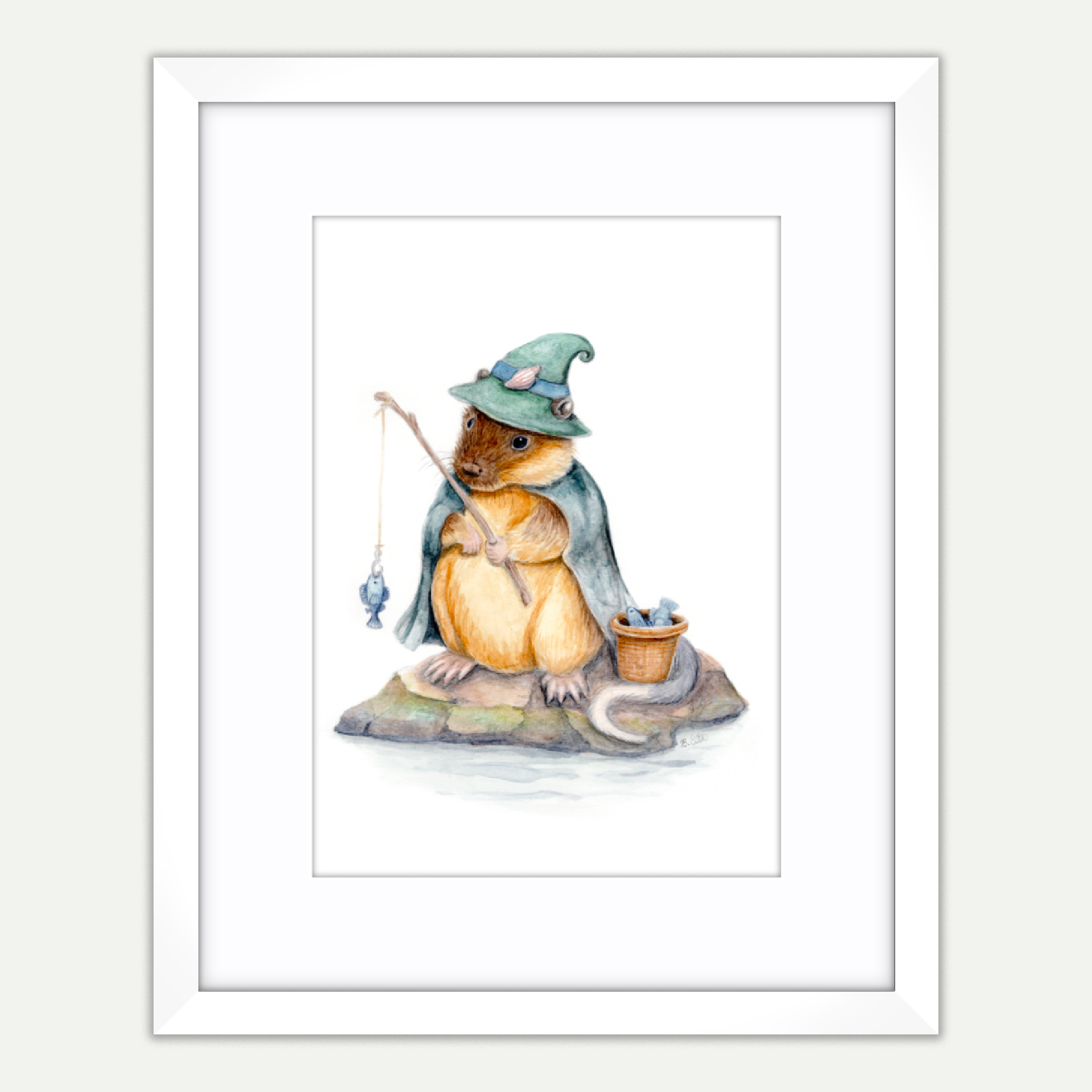rakali-witch-fishing-on-rock-A4-print-frame-example.png