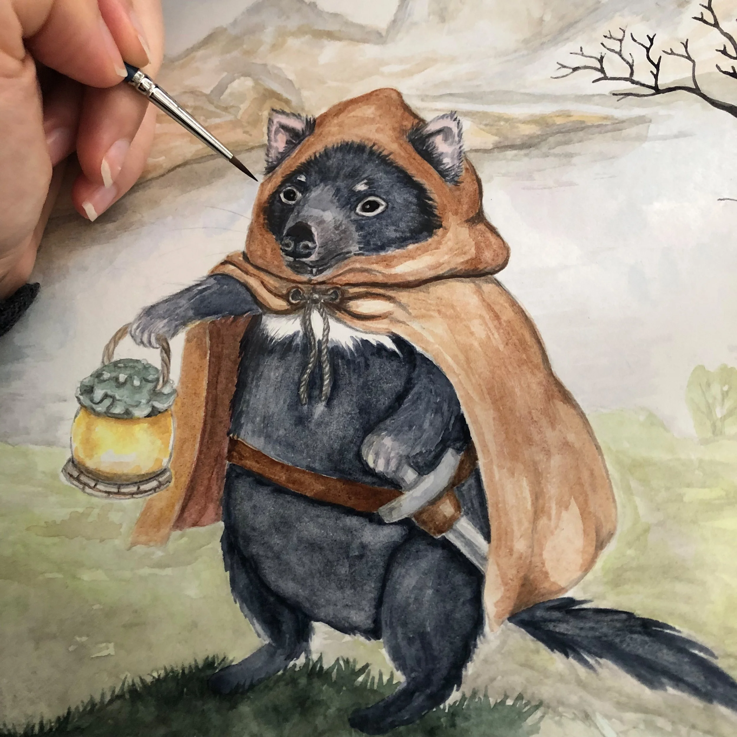 Painting of a tasmanian devil with a lantern with cradle mountain landscape behind