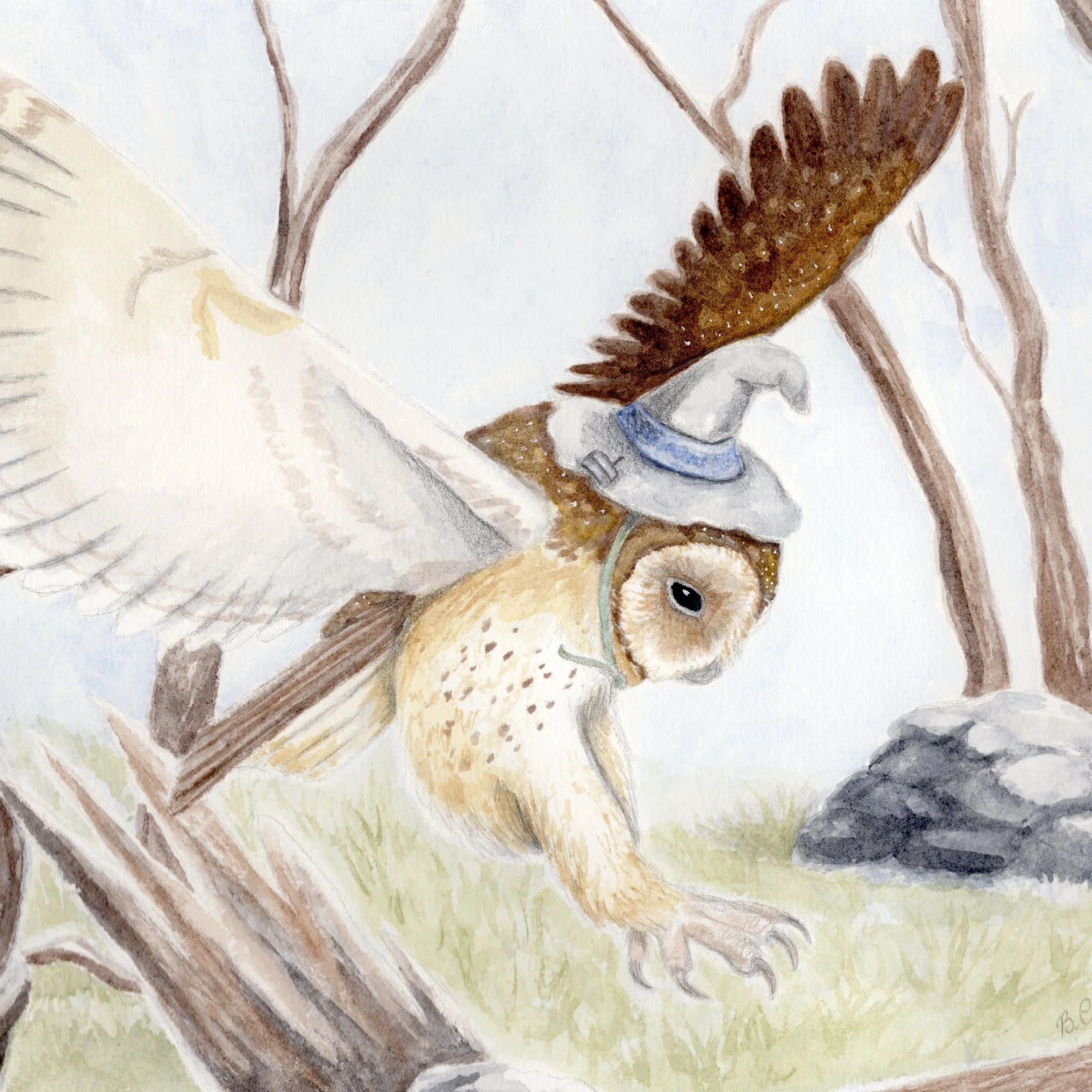 Watercolour painting of a Tasmanian Masked Owl in a Wizard hat flying by Breanna Pita from Honeypaw Workshop