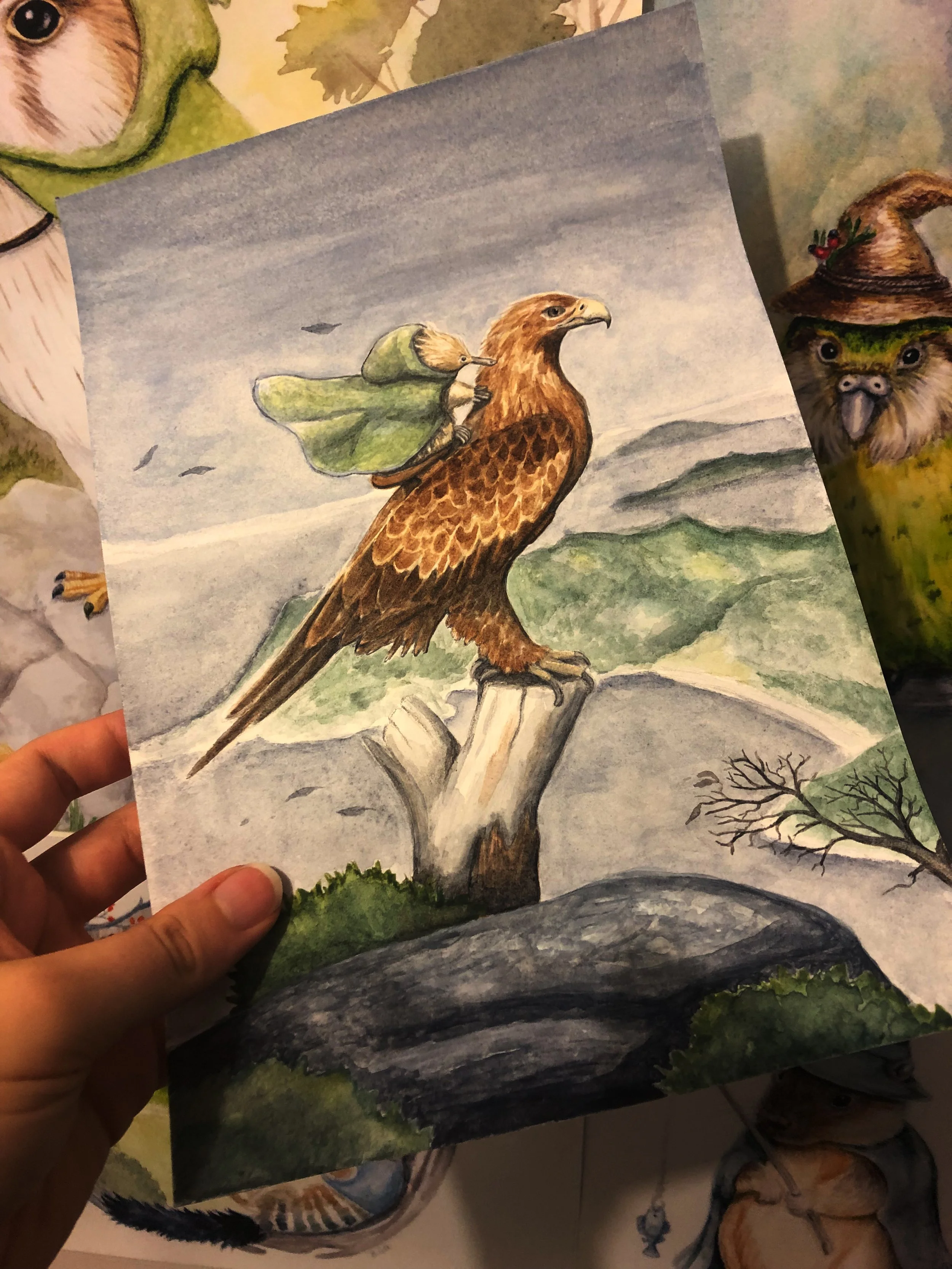 Holding watercolour painting of wedgetail eagle with echidna on it's back who is wearing a cloak background is of wine glass bay freycinet