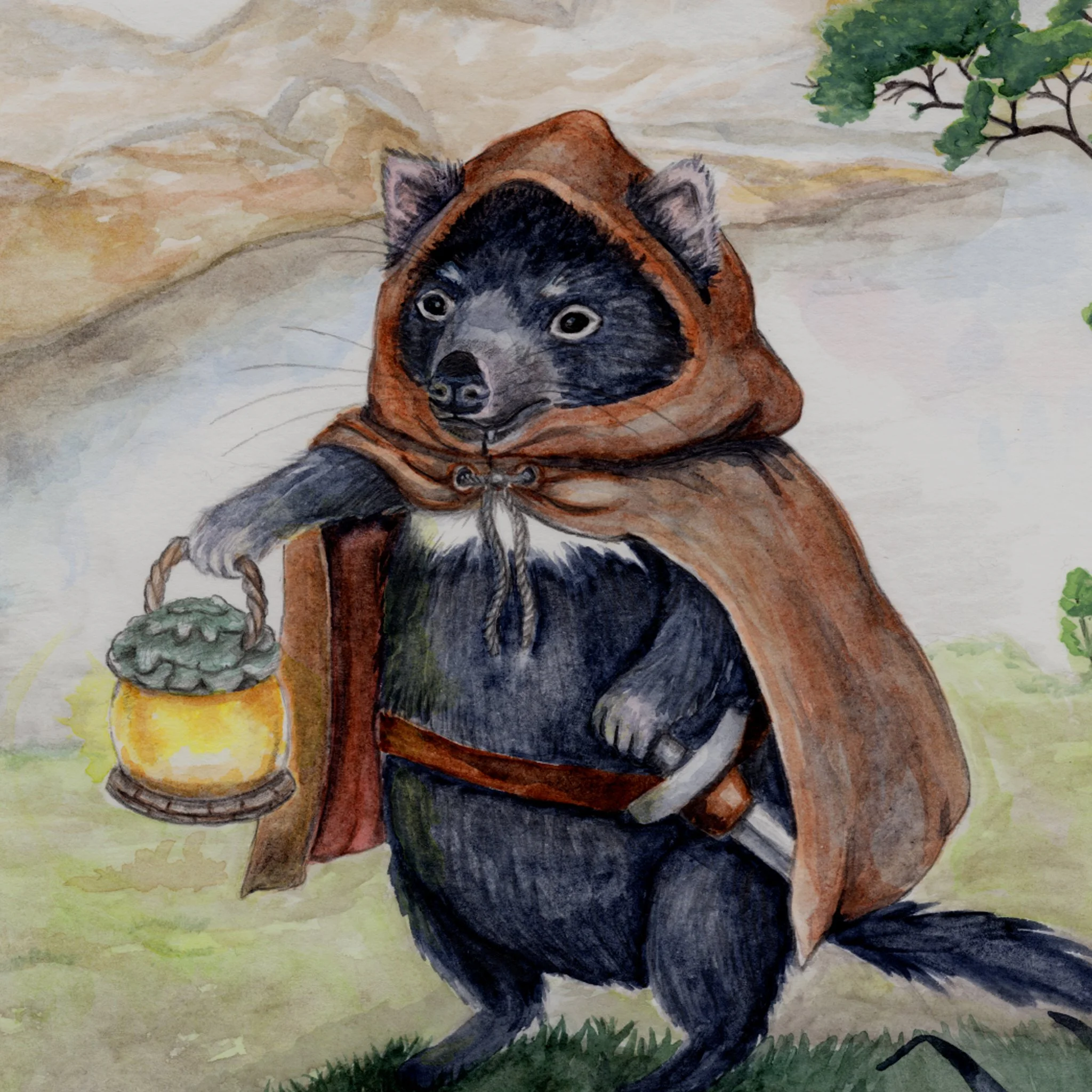 Tasmanian Devil at Cradle Mountain holding a moss lantern while wearing a cape with a sword close up