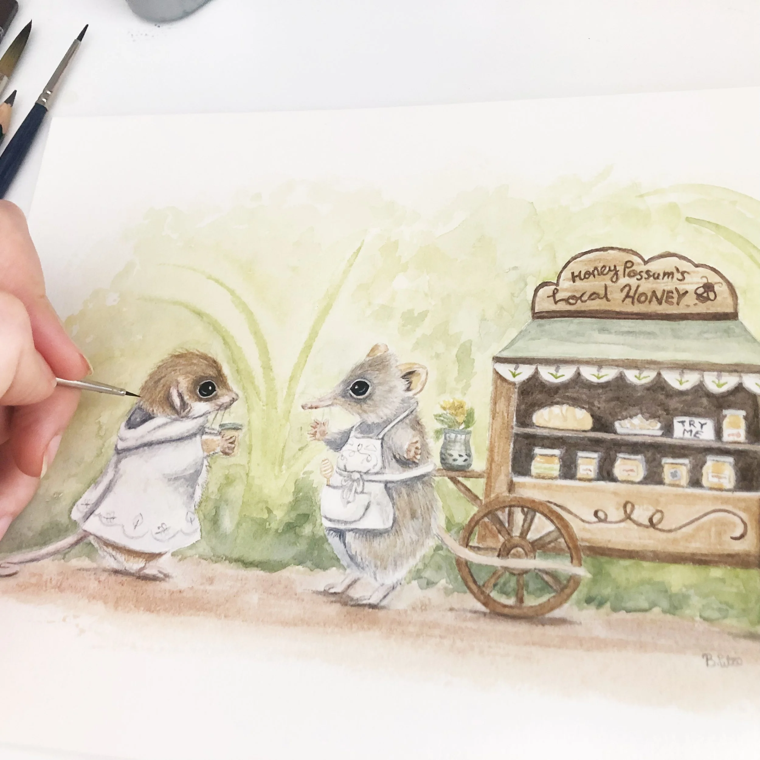 Painting a honey possum and western pygmy possum with a market cart selling honey