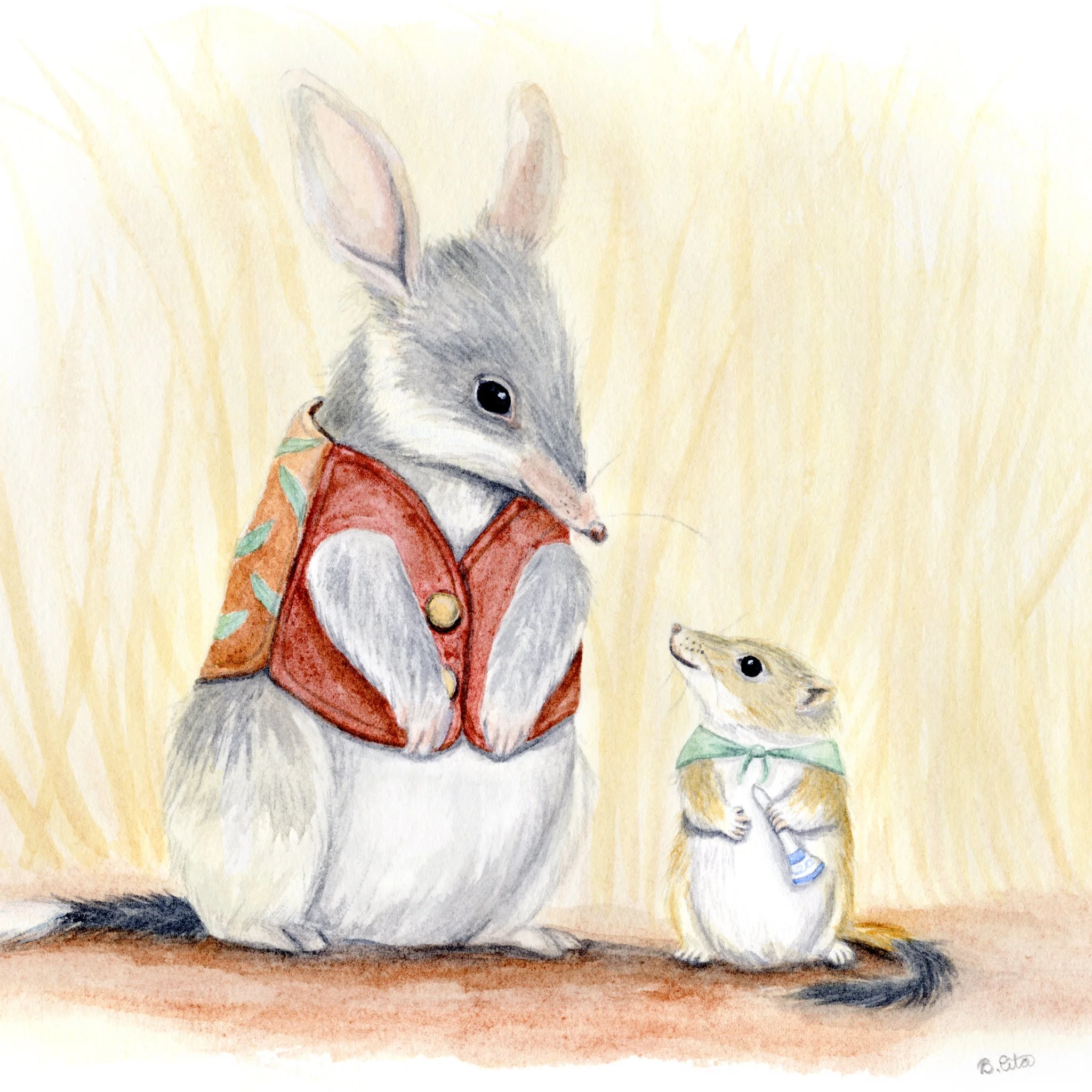 Watercolour painting of a Greater Bilby and Brush-tailed Mulgara in the desert