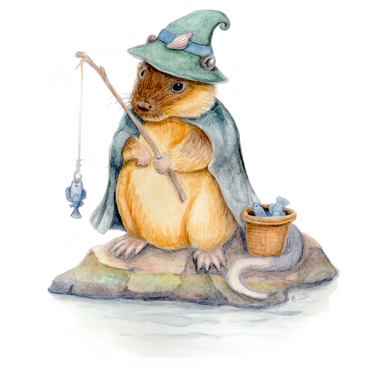 a watercolour painting of a Rakali fishing with a wizard hat