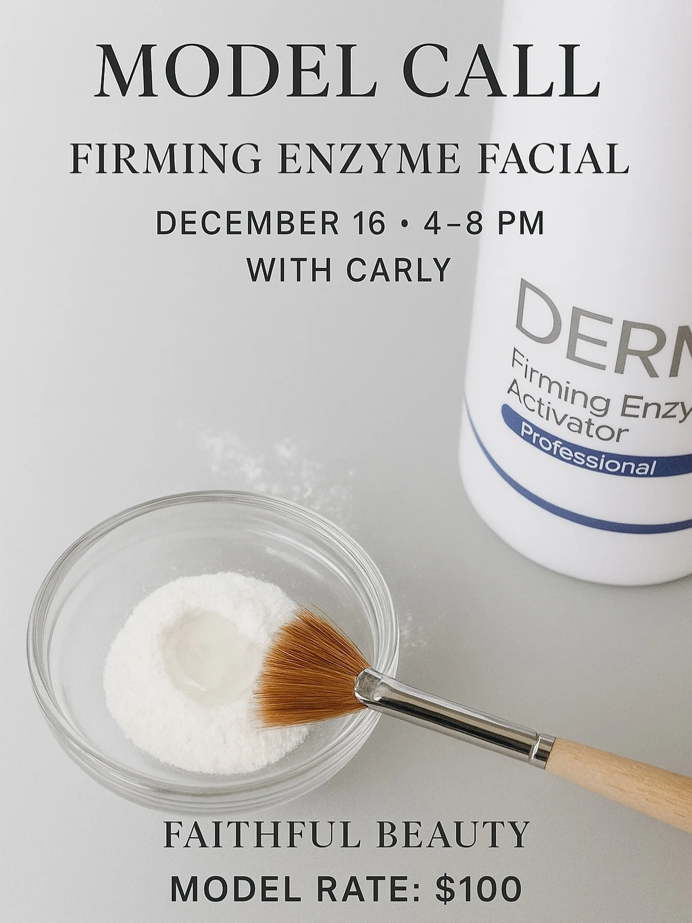 ✨ MODEL CALL ✨
Firming Enzyme Facial
December 16th &bull; 4&ndash;8 PM
With Carly

The Firming Enzyme Facial is a professional treatment designed to tighten, lift, and brighten the skin using a blend of active enzymes that gently exfoliate while stim