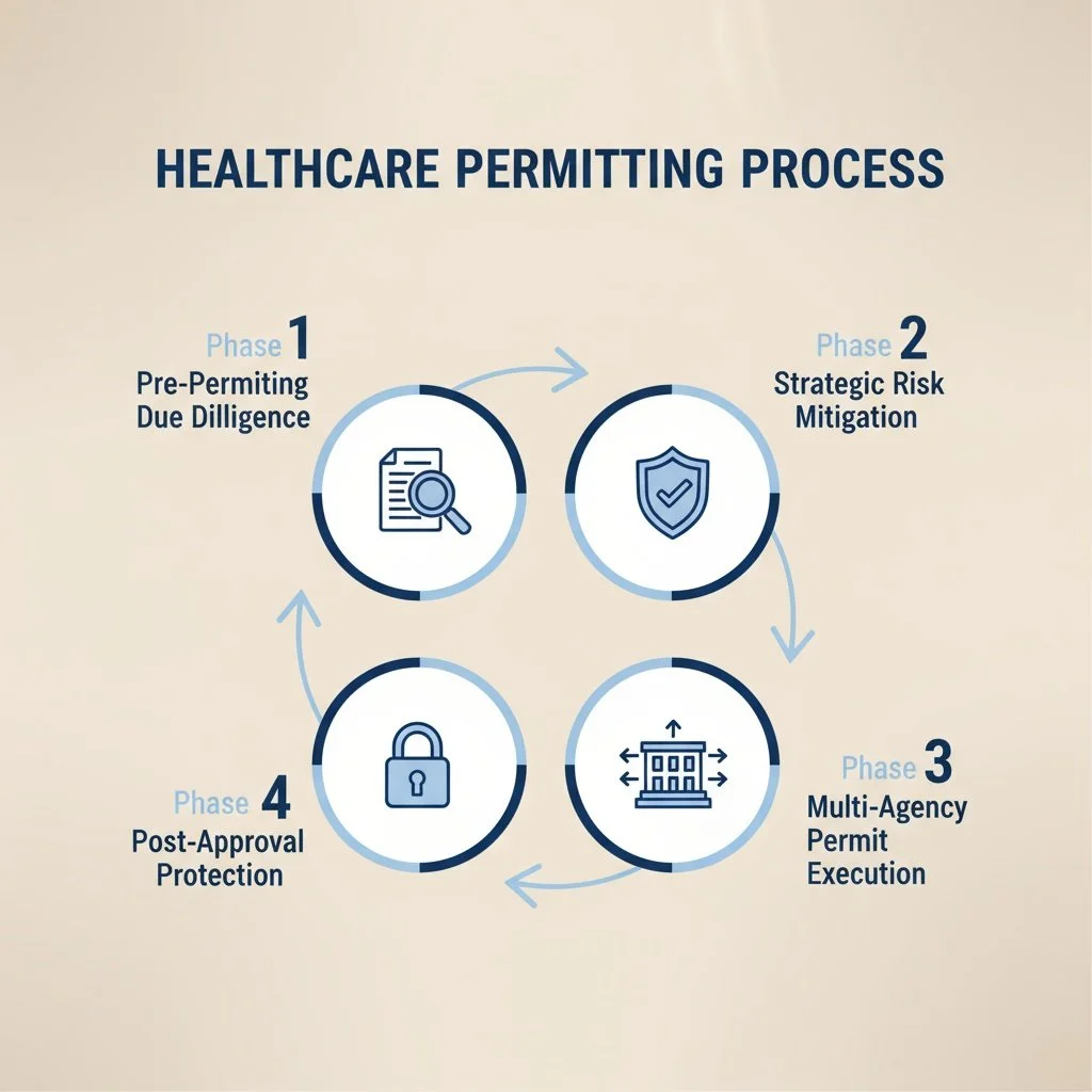 Diagram of healthcare permitting process with four phases: Phase 1 Pre-Permitting Due Diligence, Phase 2 Strategic Risk Mitigation, Phase 3 Multi-Agency Permit Execution, and Phase 4 Post-Approval Protection, depicted with icons and connected in a circular flow.