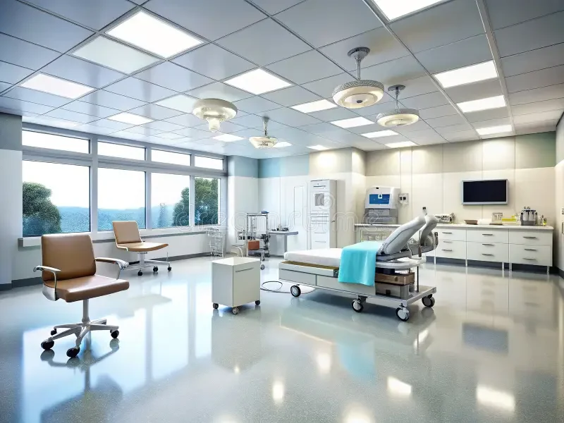 Empty hospital or medical examination room with a hospital bed, chairs, medical equipment, and large window with a view of trees outside.