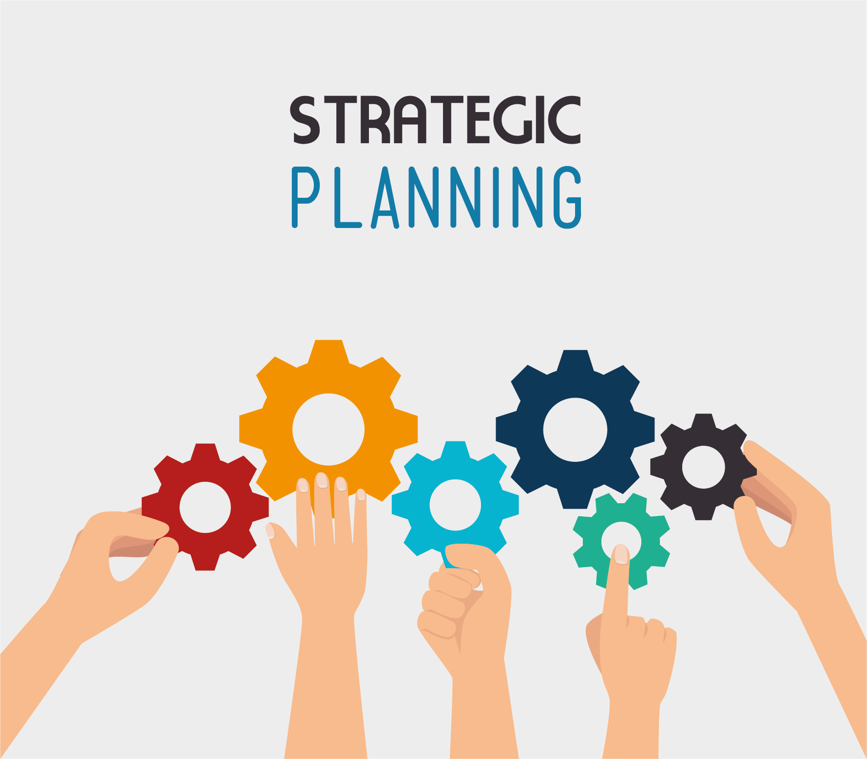 Illustration of five hands holding interlocking gears in red, orange, blue, dark blue, green, and black, with the words 'Strategic Planning' above.