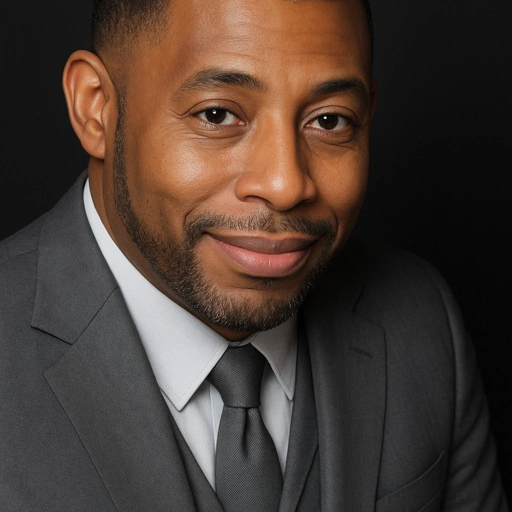 Close-up portrait of an African American man in a gray suit, white shirt, and gray tie, smiling with a dark background.