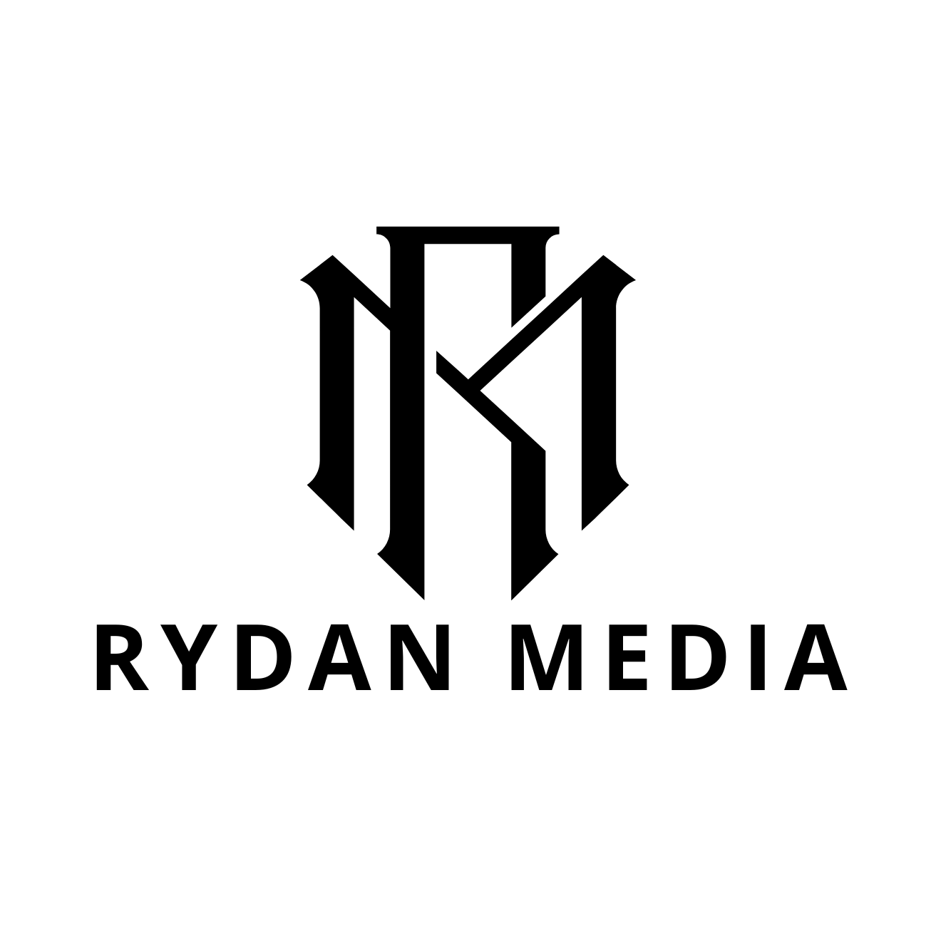 Black and white logo with stylized initials 'R' and 'M' and the text 'RYDAN MEDIA' underneath.