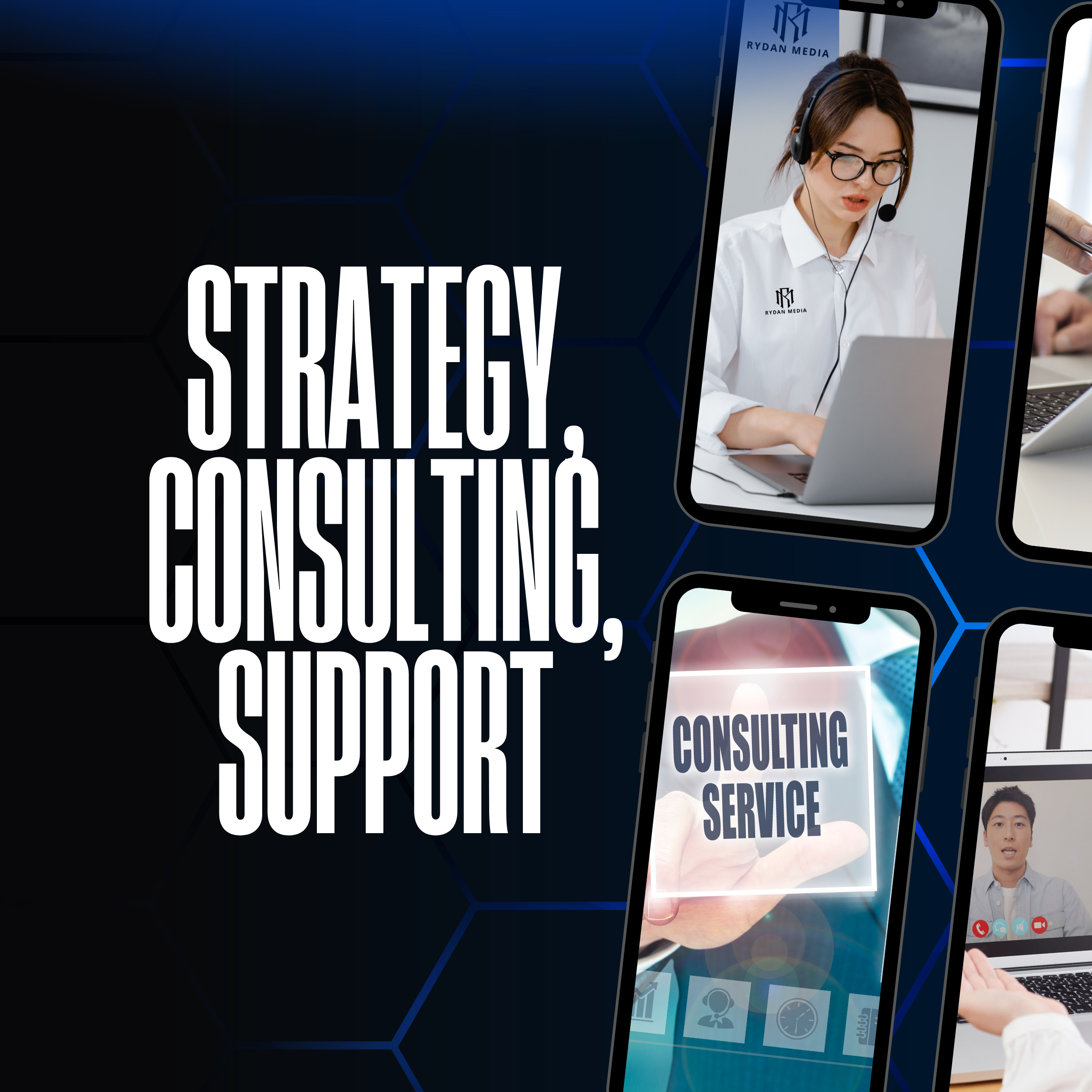 A collage emphasizing strategy consulting and support services, including images of professionals engaging with laptops, a person wearing a headset, and phrases like "Consulting Service" on a screen.