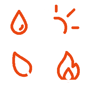 Illustration of a wind turbine with a sun in the background and fire symbols on either side, indicating environmental or renewable energy themes.
