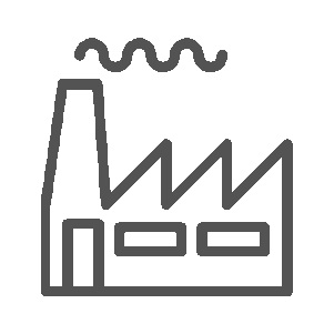 Drawing of a factory with a chimney emitting smoke, featuring a rectangular base and three triangular peaks.