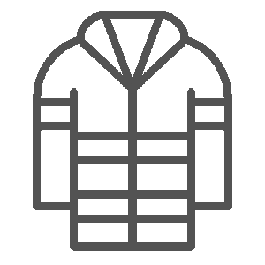 Line drawing of a puffy winter jacket with a hood and horizontal stripes.