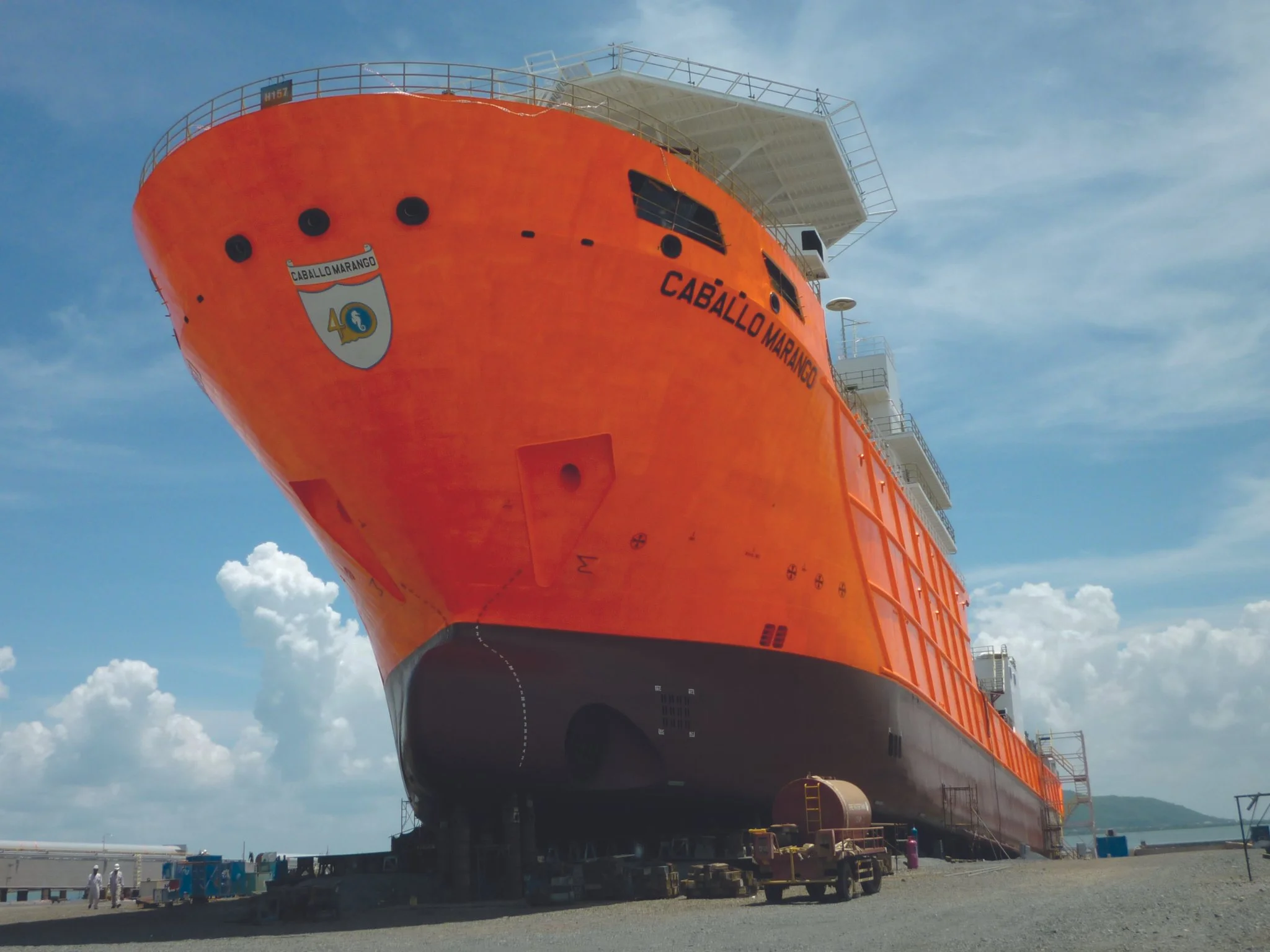 Line drawing of a cargo ship with containers and cranes.