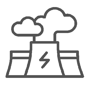 Line drawing of a nuclear power plant with a cooling tower and steam clouds.