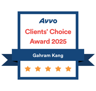 Award badge for 'Clients' Choice Award 2025' given to Gahram Kang by Advio, featuring five gold stars and a blue ribbon.