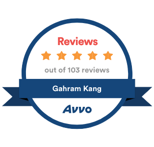 Review badge with five stars, stating 'out of 103 reviews' for Gahram Kang on Avvo.