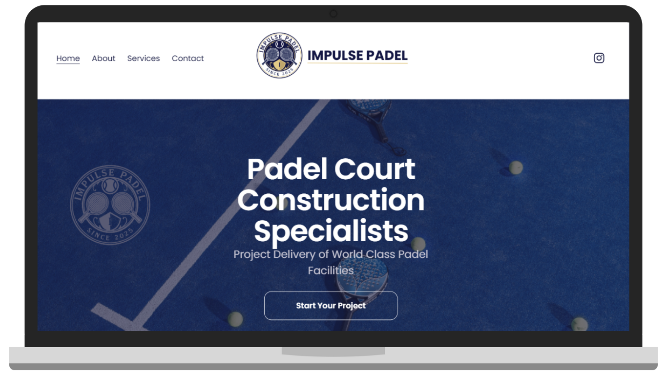 Laptop screen displaying a website for Impulse Padel, a padel court construction company, with the logo and menu options at the top, and text promoting padel court project delivery services.