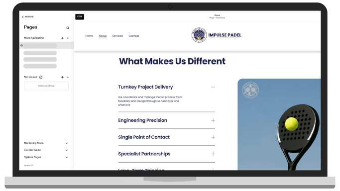 Laptop screen displaying a website for Impulse Padel, featuring sections on what makes the company different, with a padel racket and ball on the right side of the page.