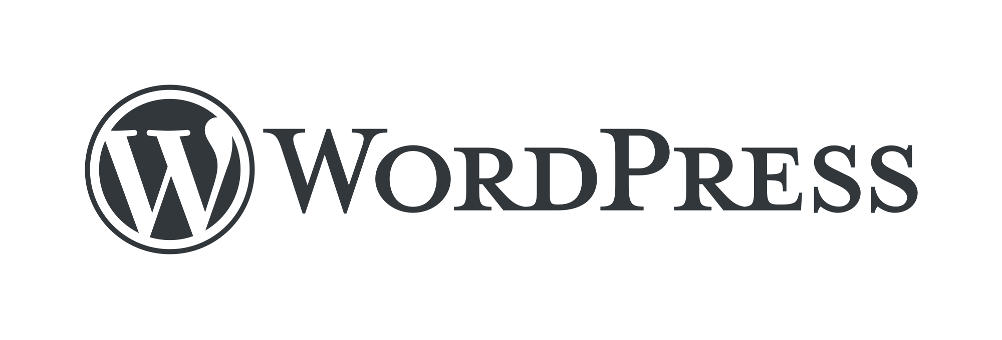 WordPress logo featuring a circular emblem with a W inside, next to the word 'WordPress' in a stylised font.