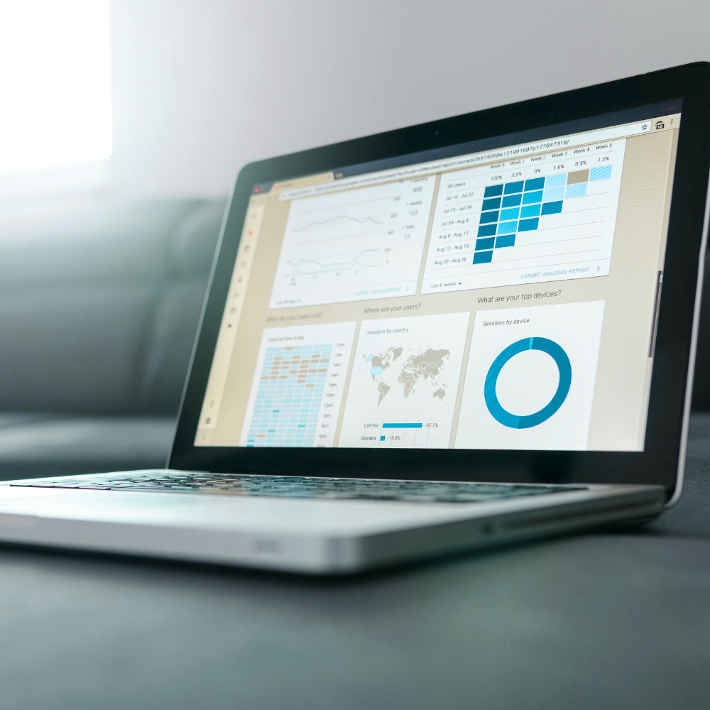 Laptop showing analytics dashboard with charts and graphs.