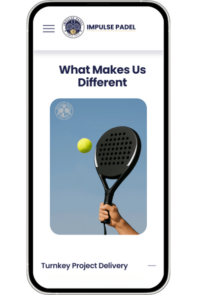 A smartphone screen displaying a padel club website with the title 'What Makes Us Different' and an image of a hand holding a padel racket and a yellow padel ball.