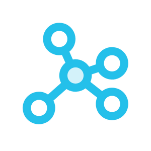 A blue icon representing a network or connection with multiple circles connected by lines.