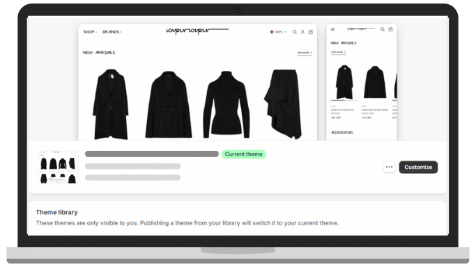 Laptop screen displaying an online clothing store with black apparel, including coats, shirts, skirts, and pants, on a white background.